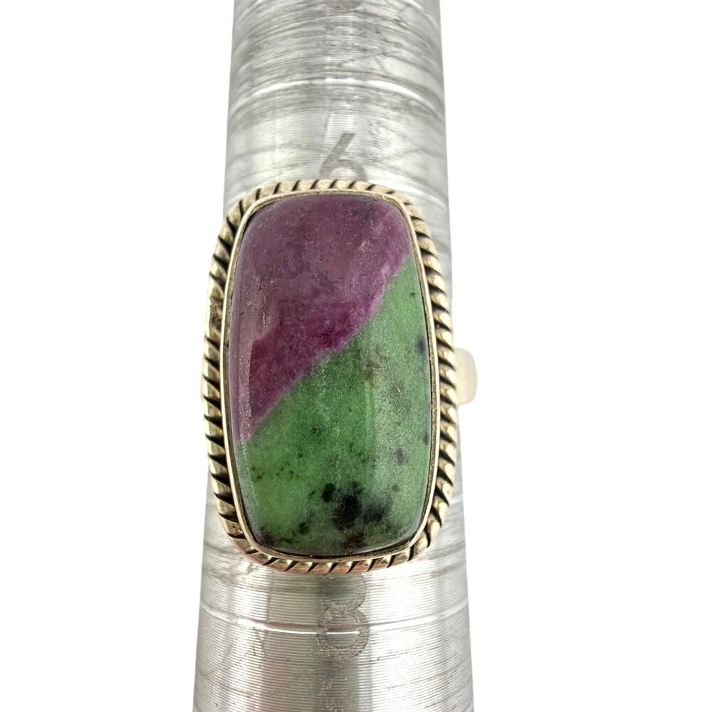Rectangular Ruby-Zoisite Twisted Rope Border 925 Sterling Silver Ring Size 7